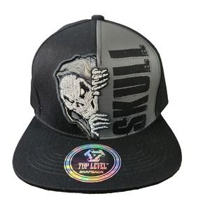 Top Level "Skull" Ball Cap Hat Embroidered NWT Snapback OSFA‎ Black/Gray. New.